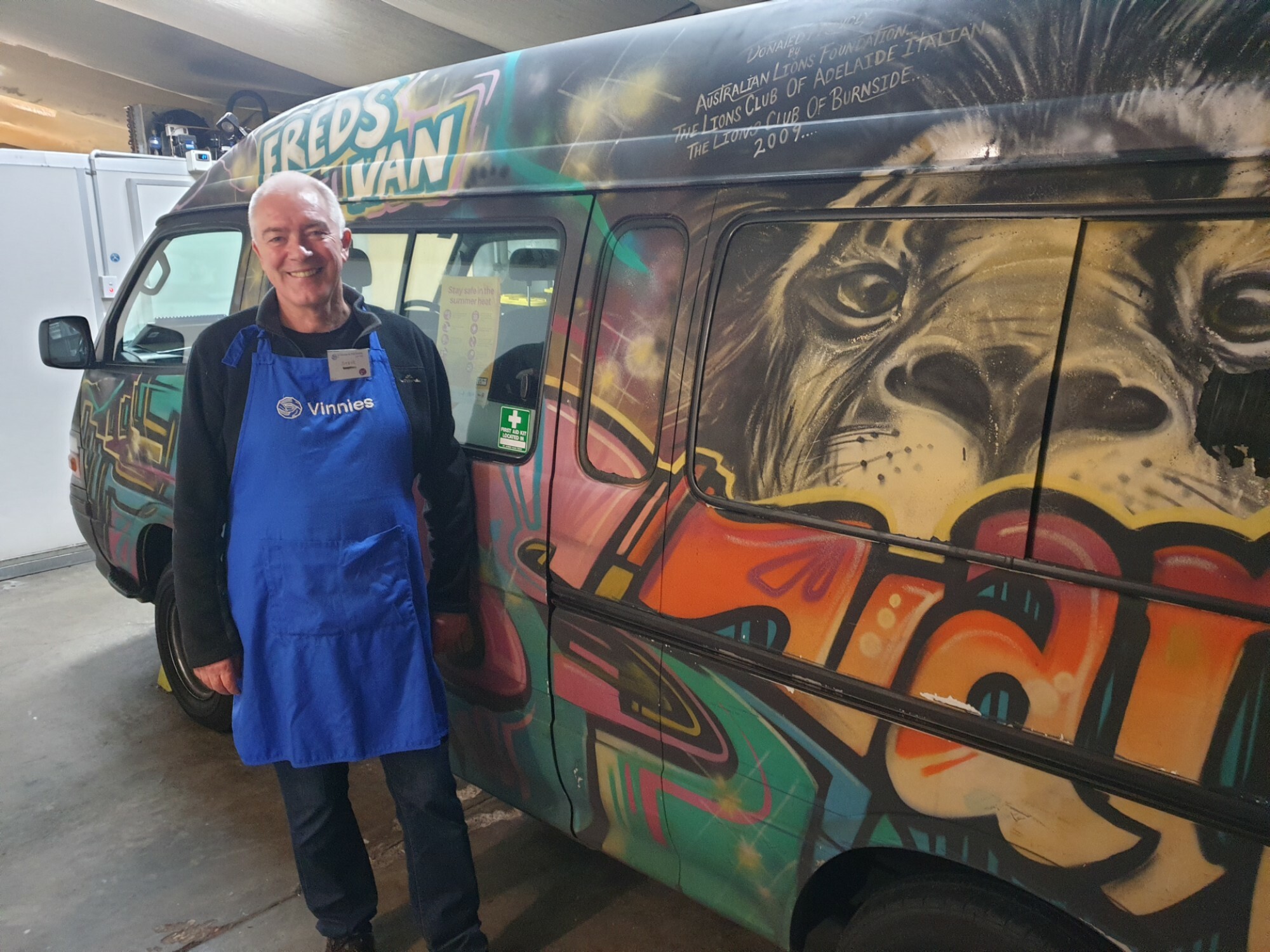 Steve Daysh, volunteer for Vinnies, with the iconic Adelaide ‘Fred’s Van’. [Source: Supplied]
