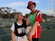 Strathalbyn walking netball team members, Sue and Amanda, love being back on the netball court. [Source: DPS]
