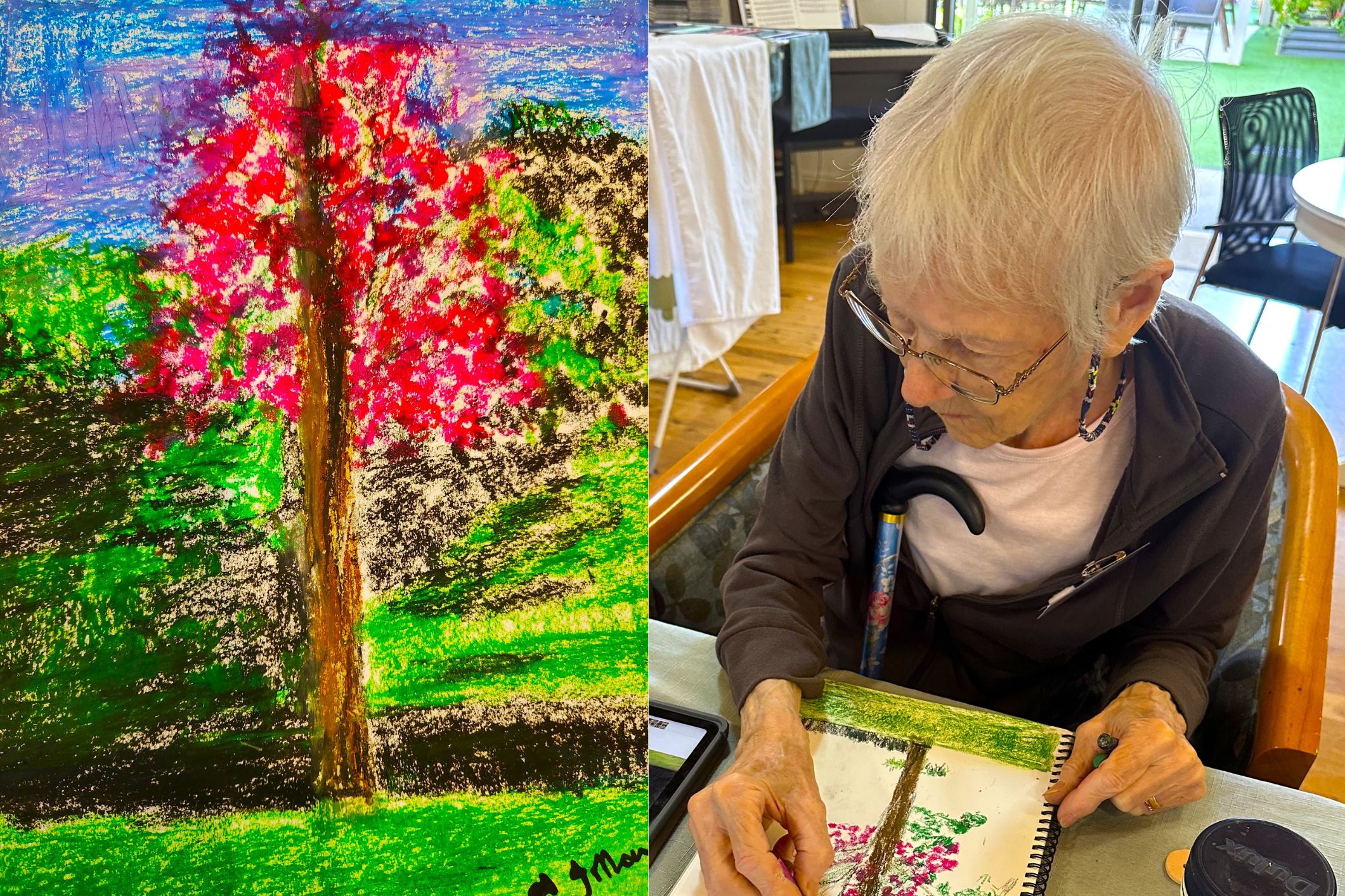 <p>One of the artists involved in the Dementia Art Gallery uses pastels to create a vibrant tree and landscape. [Source: supplied; Dementia Australia]</p>
