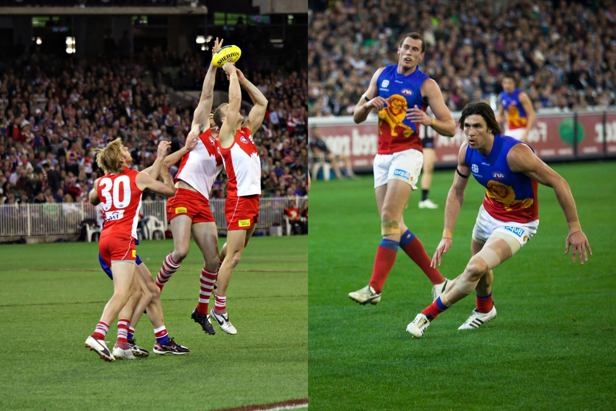 Sydney Swans and Brisbane Lions AFL players will face off in the AFL Grand Final this Saturday. [Source: Neale Cousland, 2008, 2011; Shutterstock]
