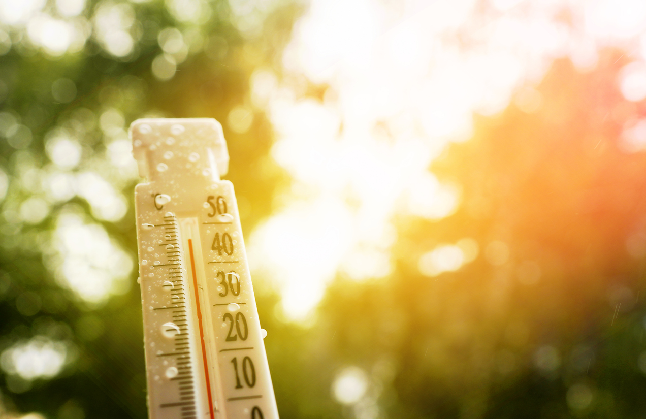 <p>Thermometer for measuring outdoor air temperature. Tropical rain. Meteorological device for observing and measuring the weather. Weather forecast. Heavy rain in hot weather, drought in summer. [Source, iStock Maksim Safaniuk]</p>
