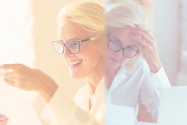 Older woman on the left looks at document with happiness, older woman looks sad on the right