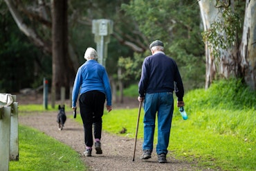 Two older people walk their dog in a green park