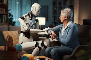 A white-coloured robot checks vital signs on an older woman