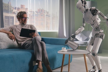 A robot pours tea for an older person