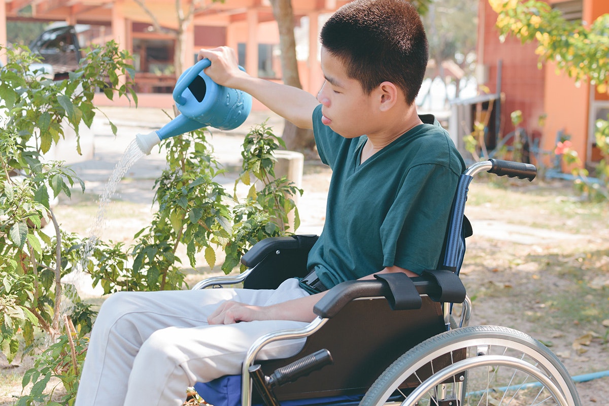 Boy in wheelchair watering a tree [Source: Shutterstock]