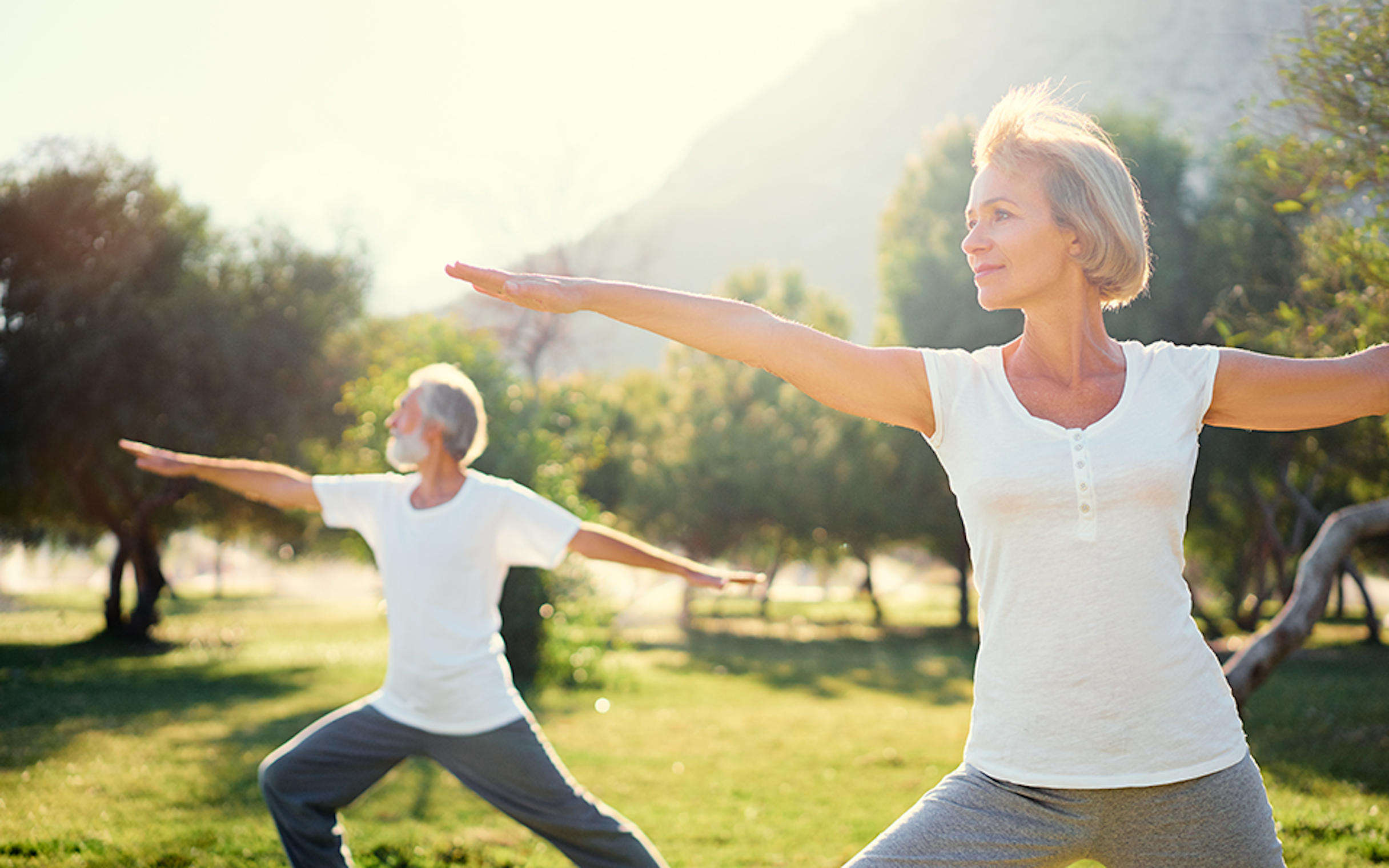 Mature people practicing yoga in a park