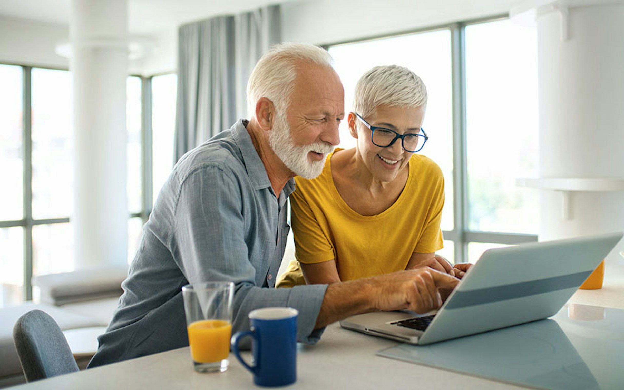 Happy elderly couple sitting down looking at a laptop